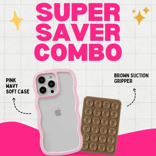 Pink Wavy Clear Soft iPhone Case + Soft Suction Grip Combo