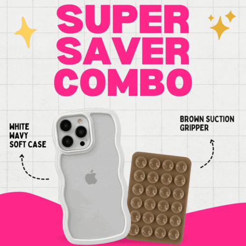 White Wavy Clear Soft iPhone Case + Soft Suction Grip Combo